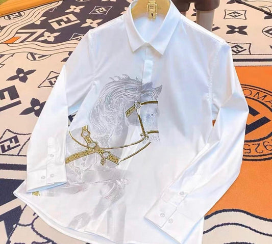 White Long sleeve shirt with horse print and luxury rhinestones