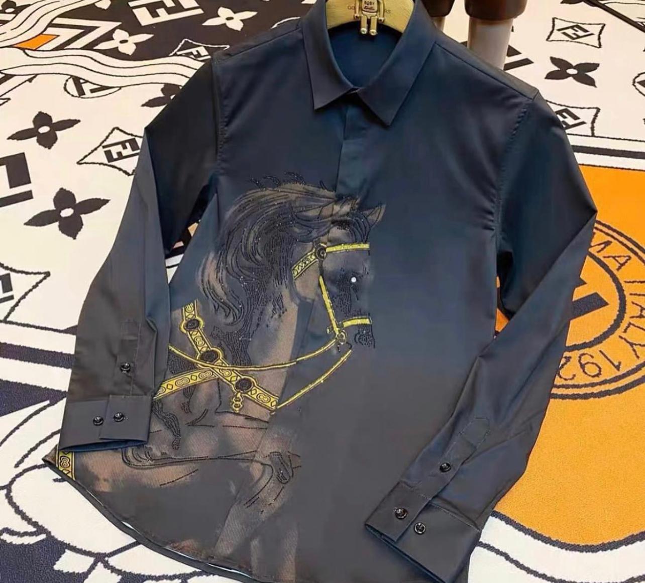 Black Long sleeve shirt with horse print and luxury rhinestones